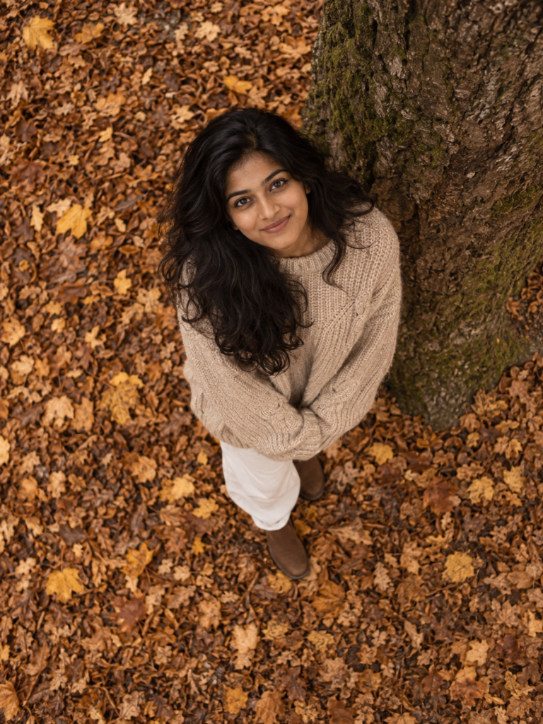 AI-generated fictional portrait demonstrating the Autumn leaves overhead portrait look