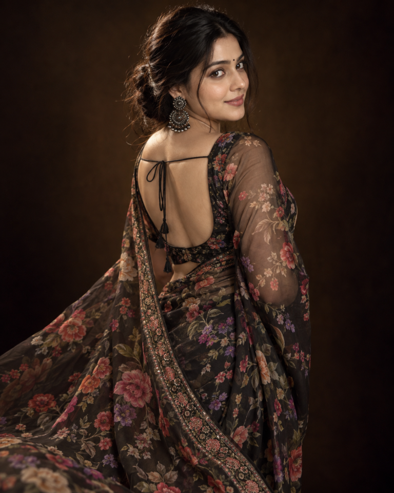 AI-generated fictional portrait demonstrating the Black floral over-the-shoulder portrait look