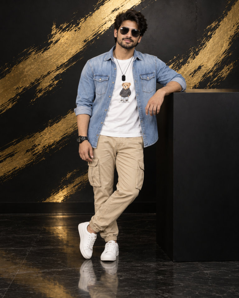 AI-generated fictional portrait demonstrating the Black-and-gold denim campaign look