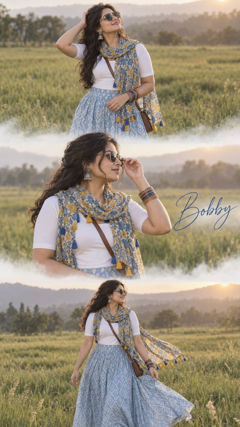 AI-generated fictional portrait demonstrating the Bobby three-frame cinematic collage look