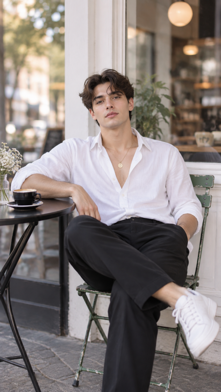 AI-generated fictional portrait demonstrating the White-shirt café portrait look