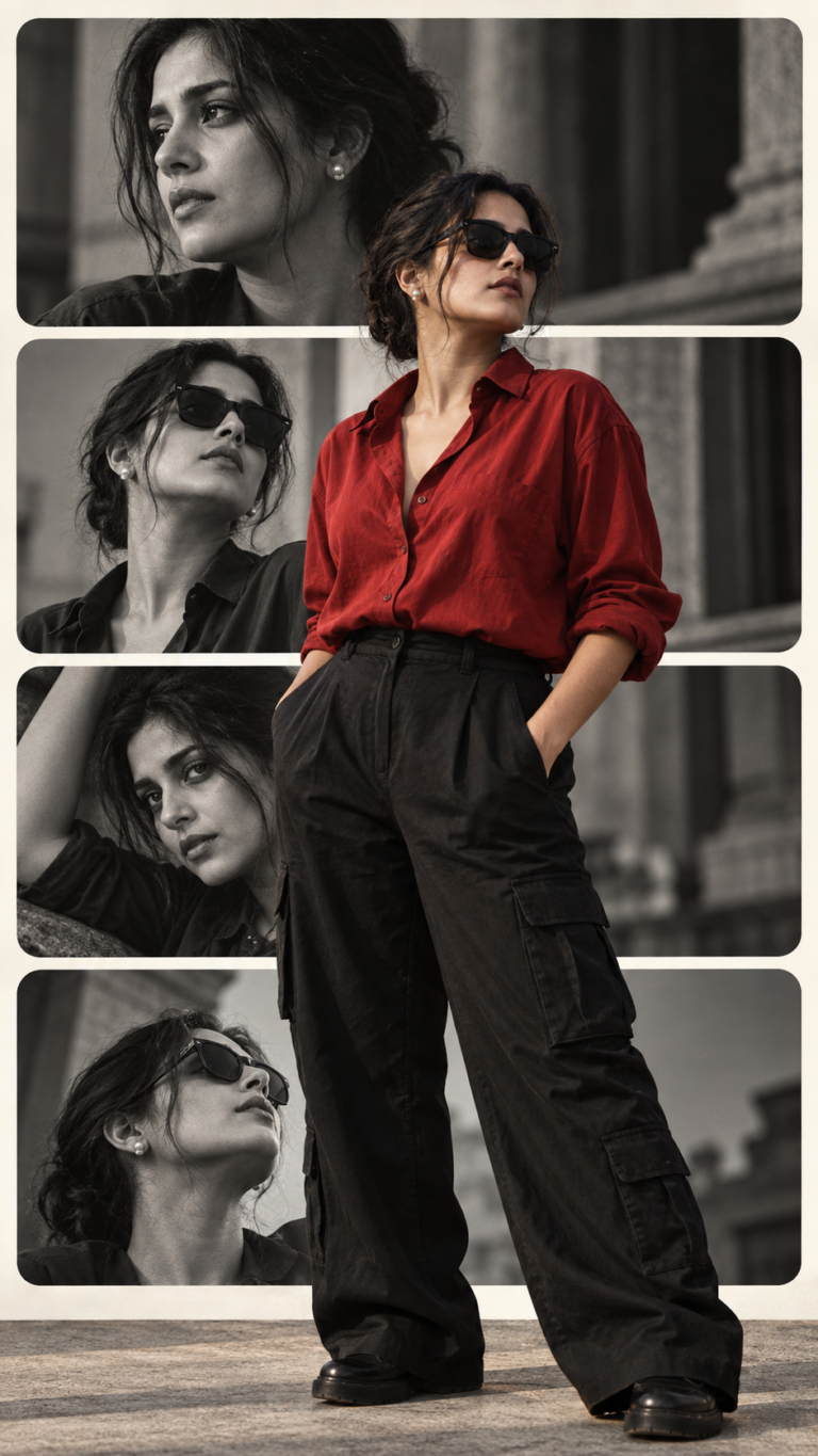 AI-generated fictional portrait demonstrating the Crimson four-panel editorial look