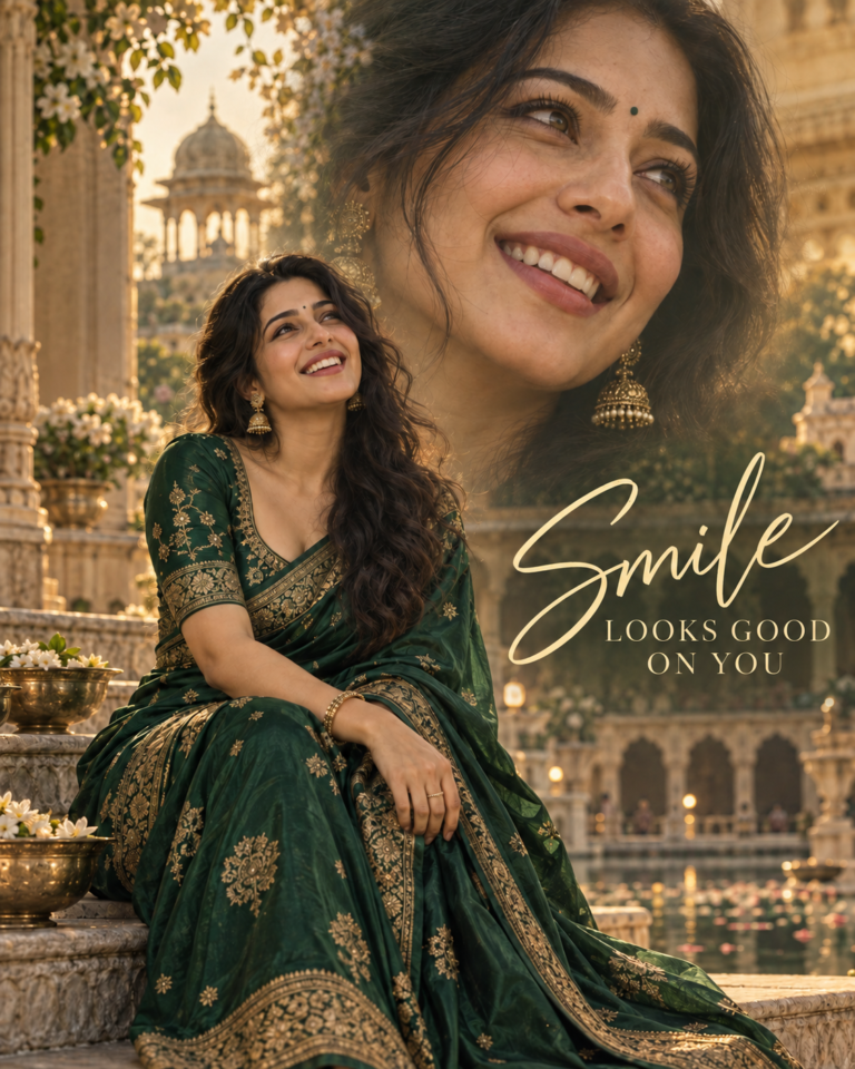 AI-generated fictional portrait demonstrating the Emerald SMILE fashion poster look