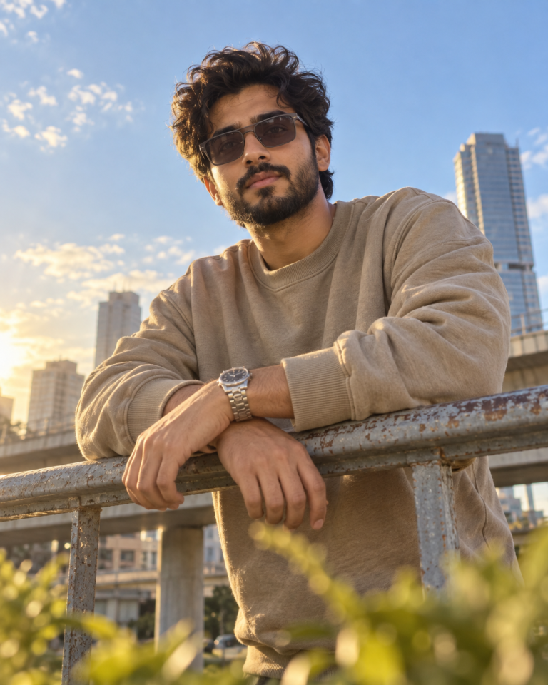 AI-generated fictional portrait demonstrating the Golden-hour railing portrait look