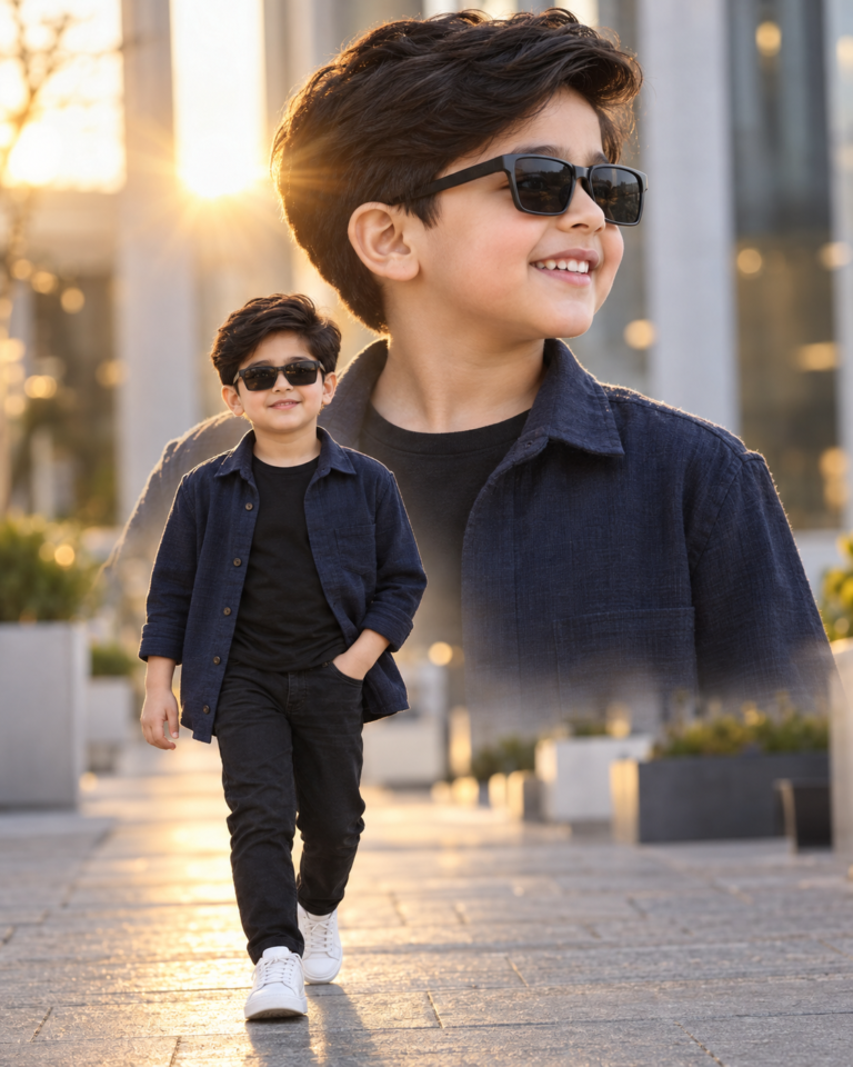 AI-generated fictional portrait demonstrating the Indigo kids double-exposure lookbook look