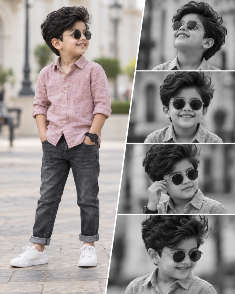 AI-generated fictional portrait demonstrating the Pink-shirt kids five-panel lookbook look