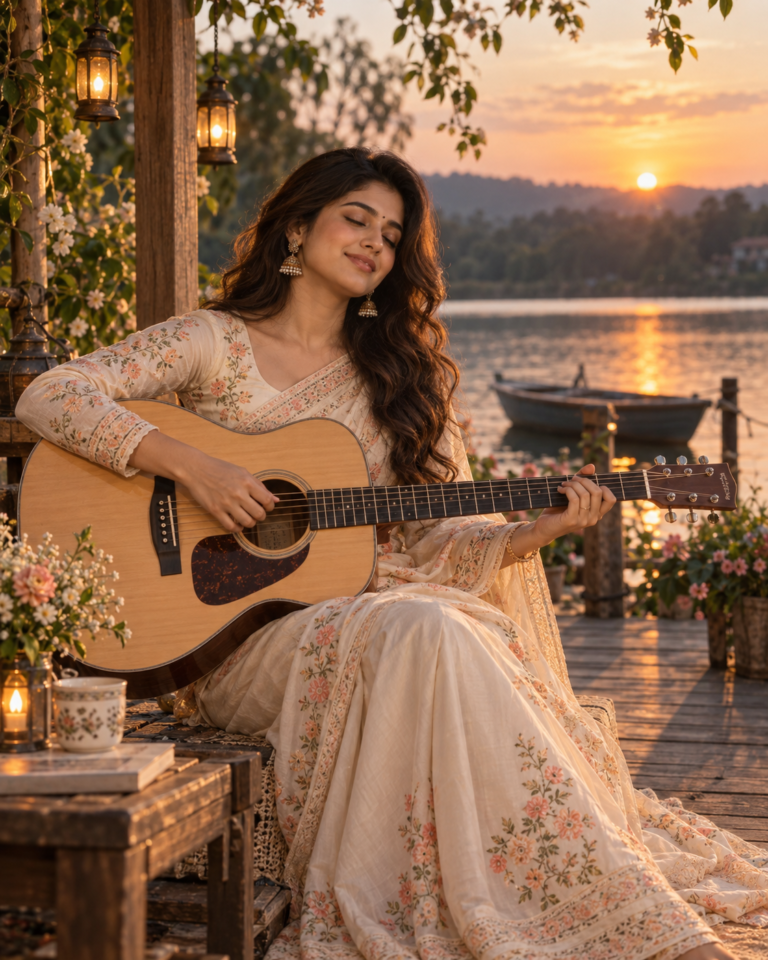 AI-generated fictional portrait demonstrating the Ivory saree lakeside melody look