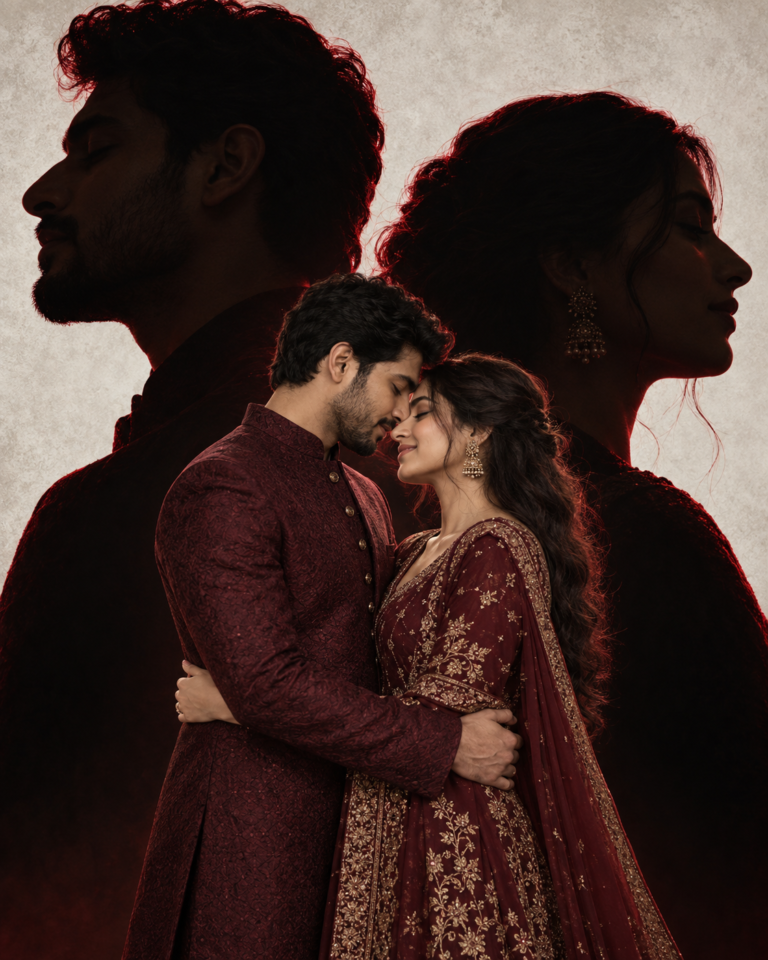 AI-generated fictional portrait demonstrating the Maroon romance and crimson silhouettes look