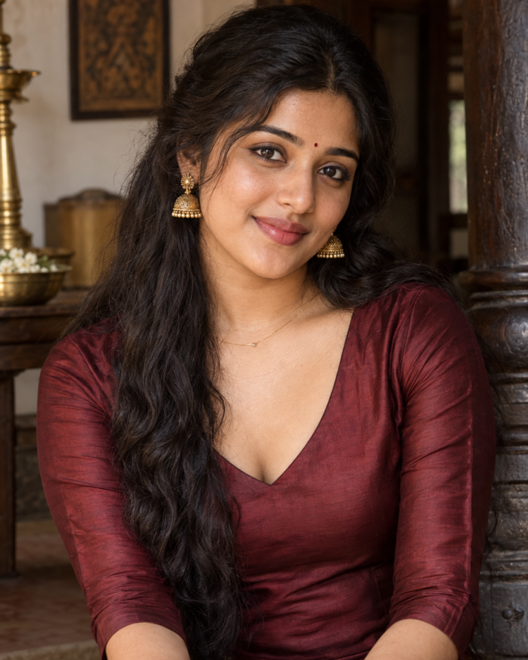AI-generated fictional portrait demonstrating the Maroon South Indian portrait — partial prompt look