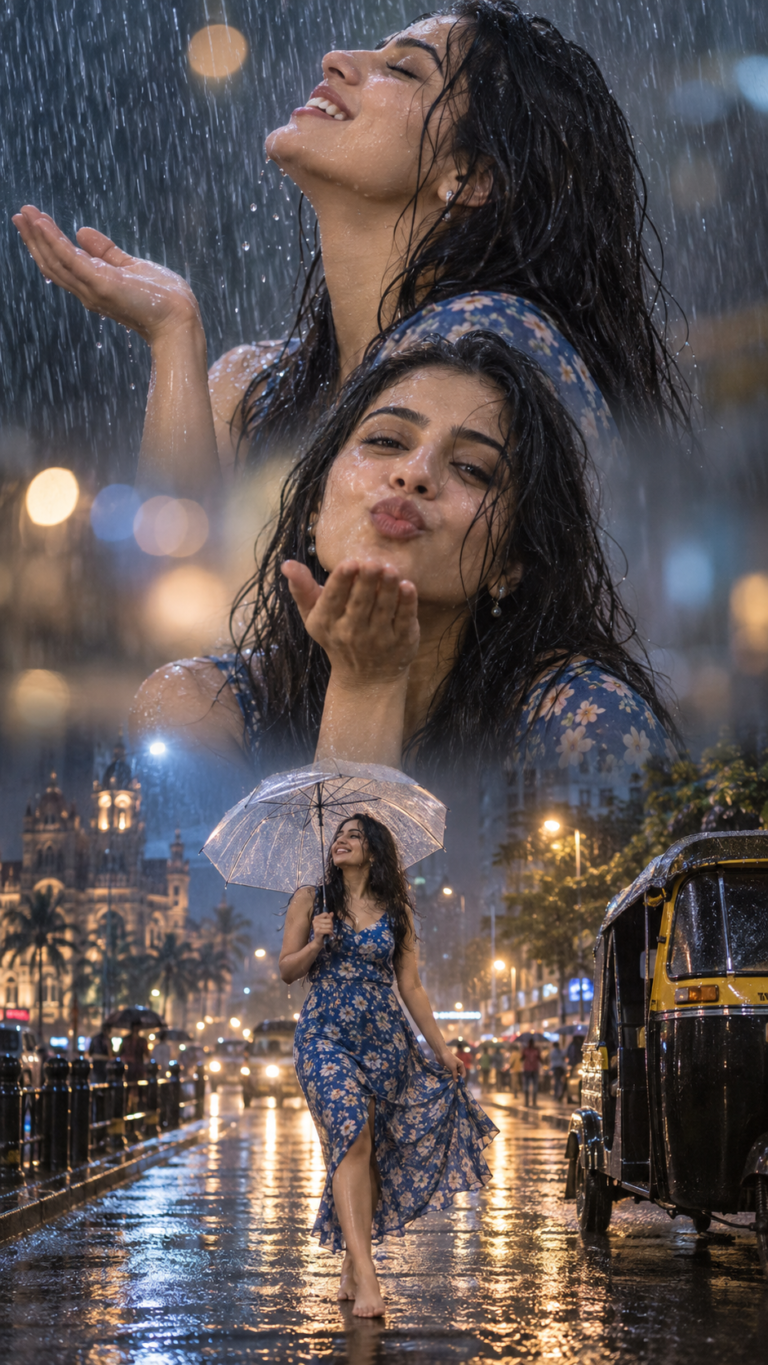 AI-generated fictional portrait demonstrating the Dreamy monsoon three-moment collage look