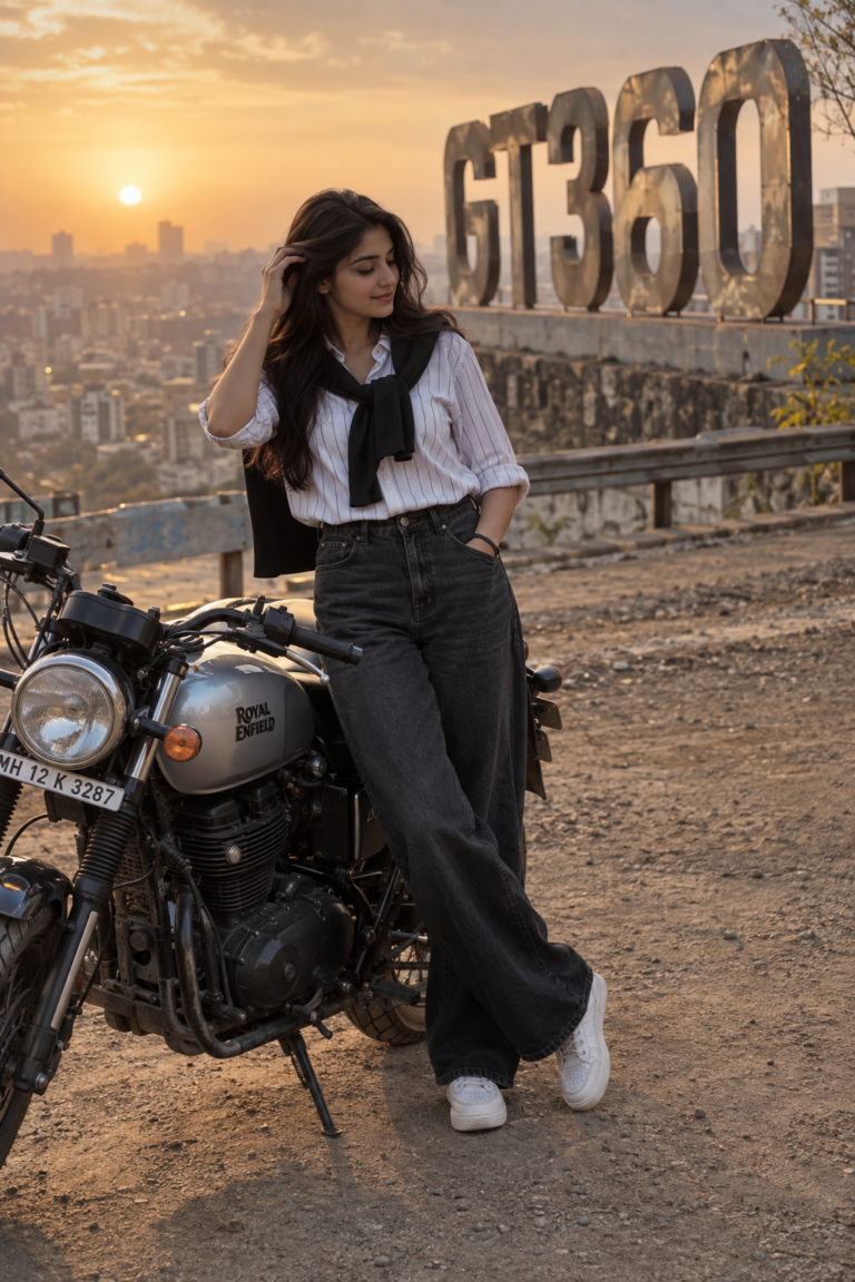 AI-generated fictional portrait demonstrating the Golden-hour GT360 motorcycle portrait look