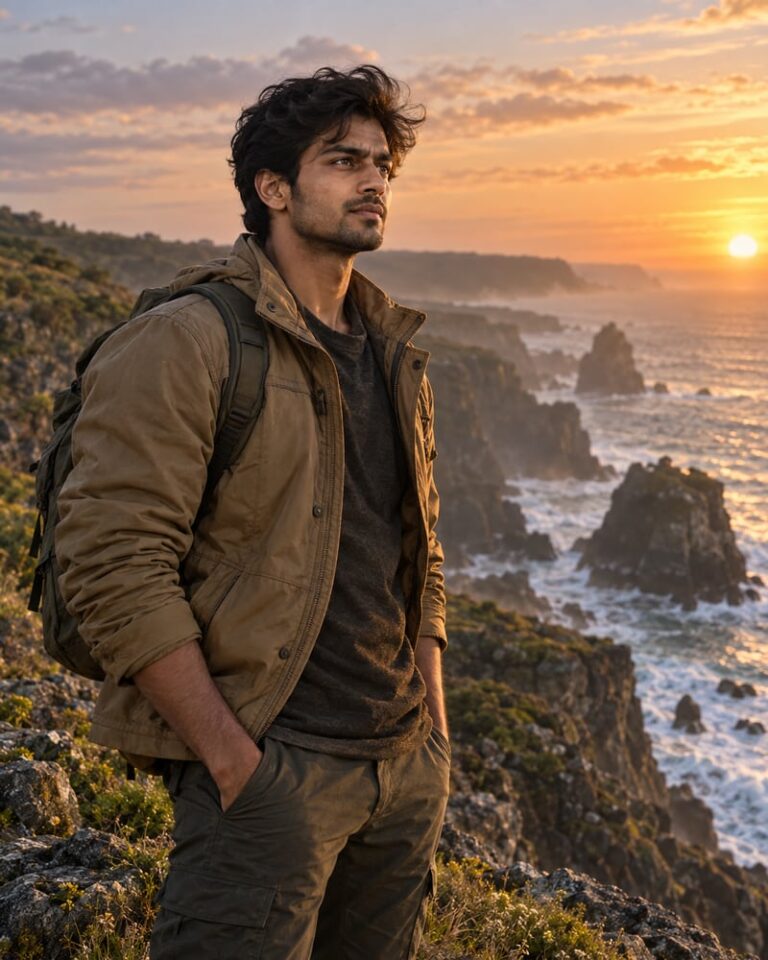 AI-generated fictional portrait demonstrating the Adventure-film lead look