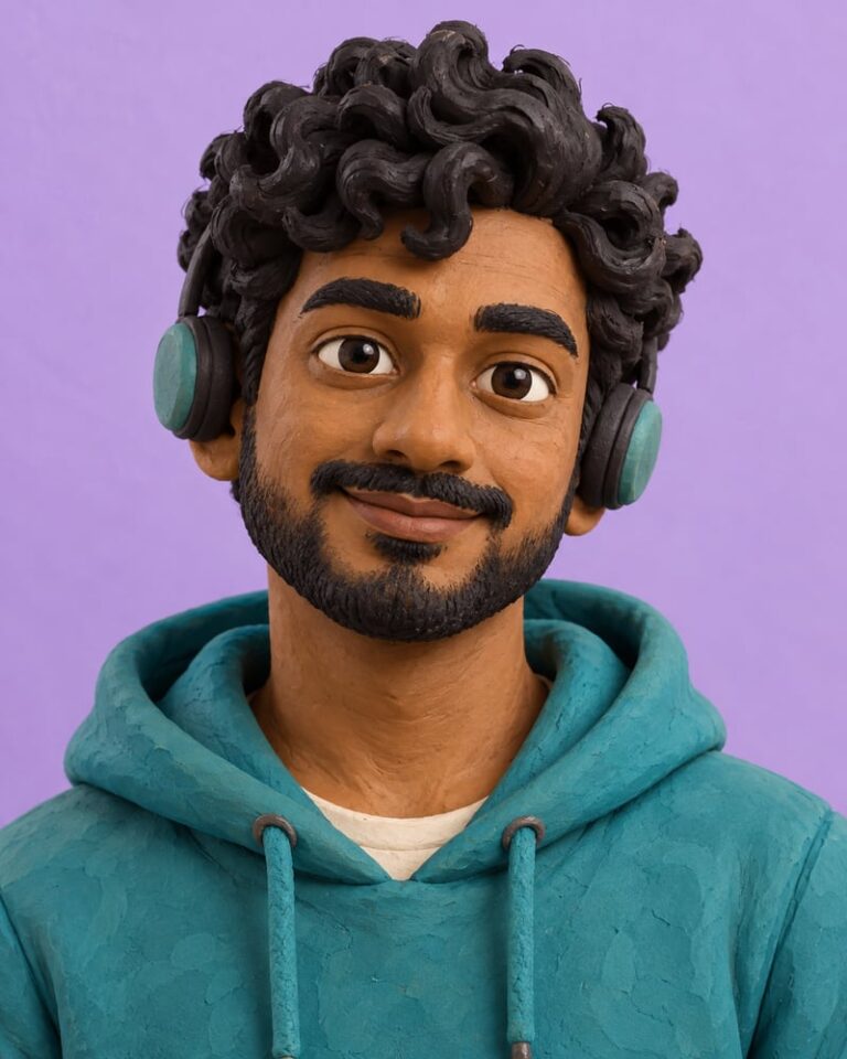AI-generated fictional portrait demonstrating the Miniature clay avatar look
