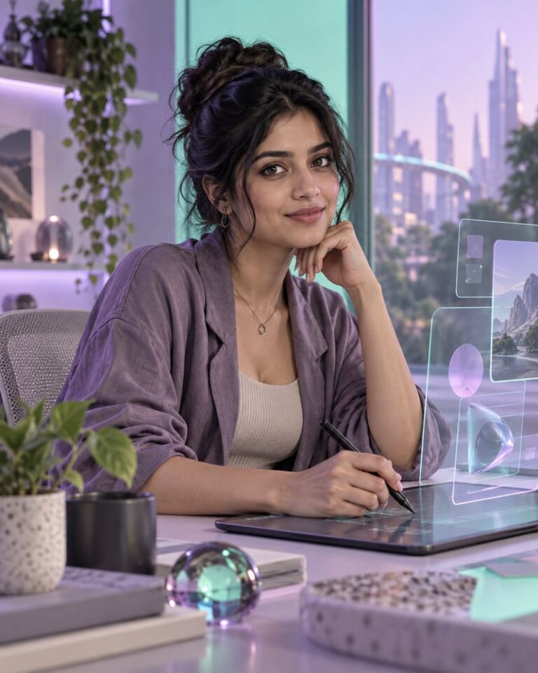 AI-generated fictional portrait demonstrating the Future-me creator desk look