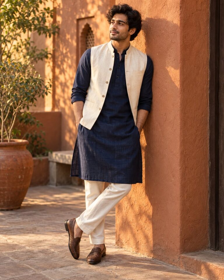 AI-generated fictional portrait demonstrating the Desi street-style cover look