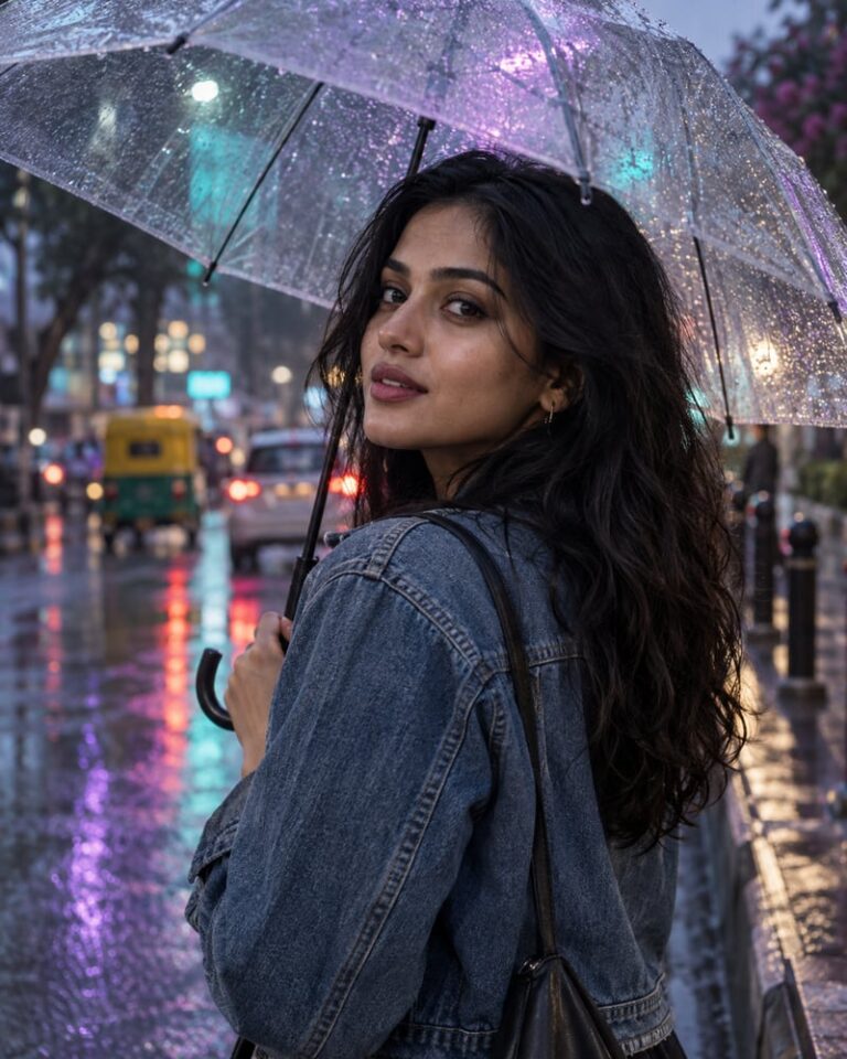 AI-generated fictional portrait demonstrating the Neon monsoon look