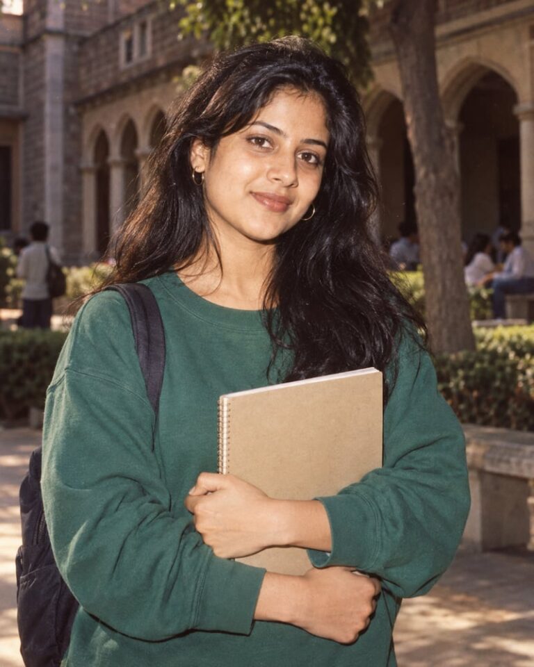 AI-generated fictional portrait demonstrating the Retro campus yearbook look
