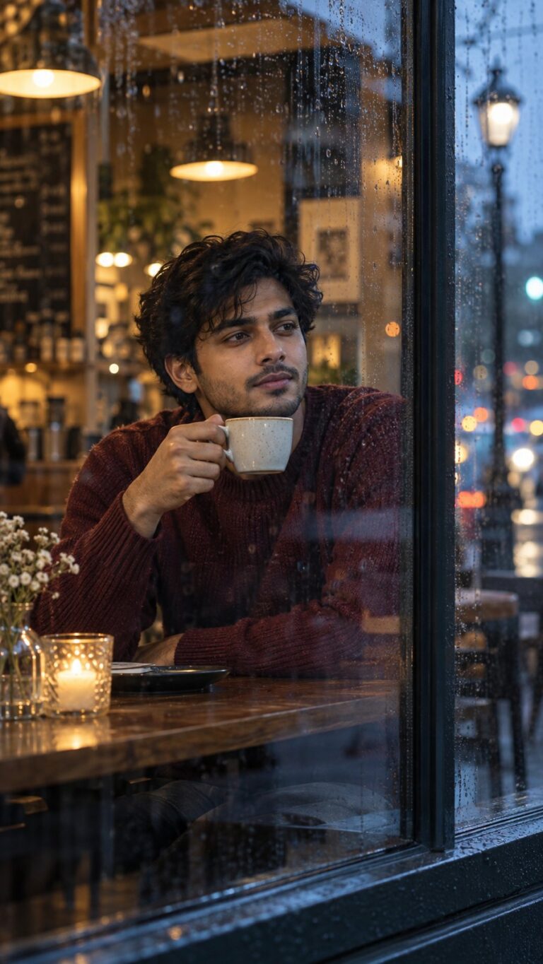 AI-generated fictional portrait demonstrating the Rainy café reflection look