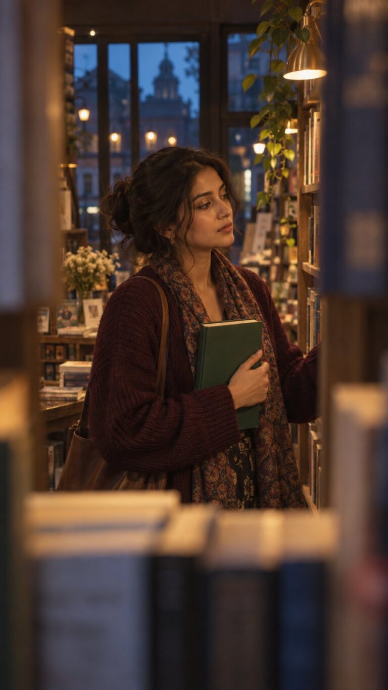 AI-generated fictional portrait demonstrating the Blue-hour bookshop look
