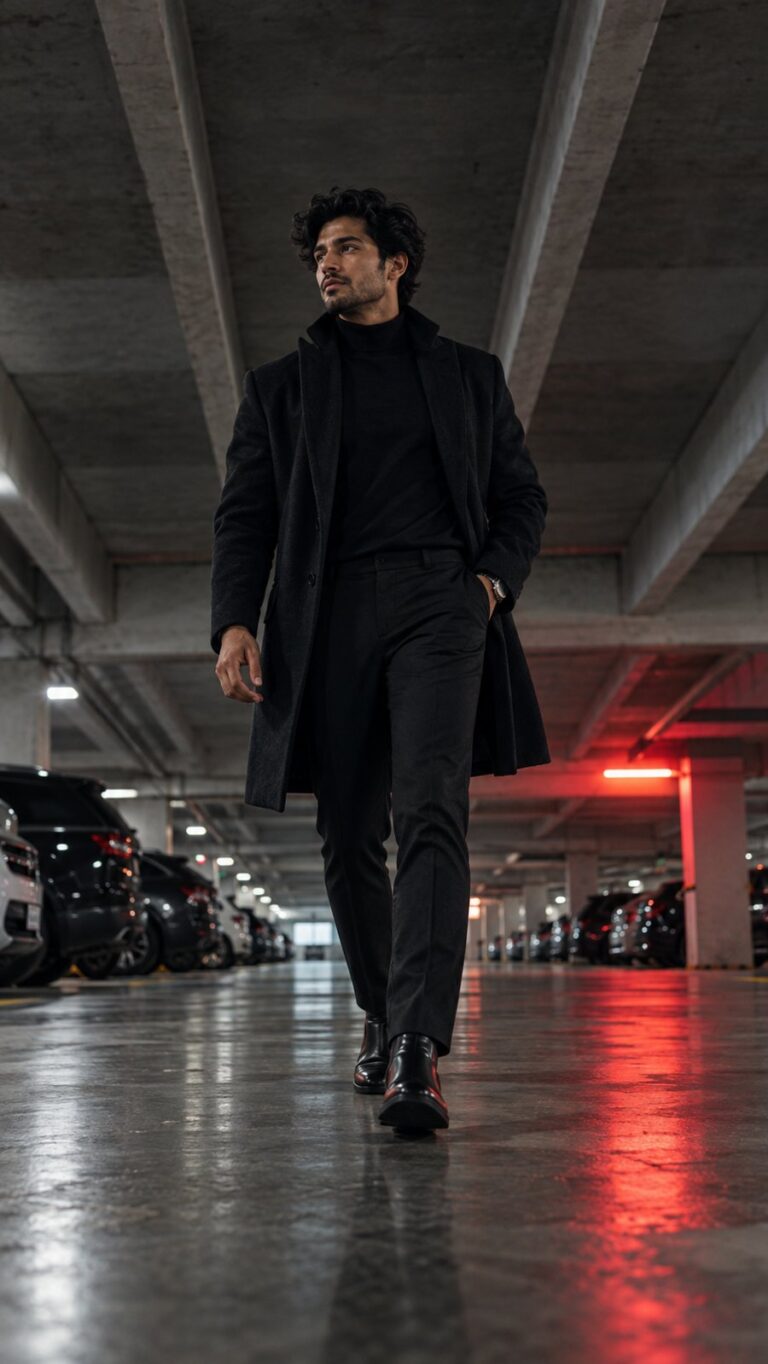 AI-generated fictional portrait demonstrating the Parking-deck fashion thriller look