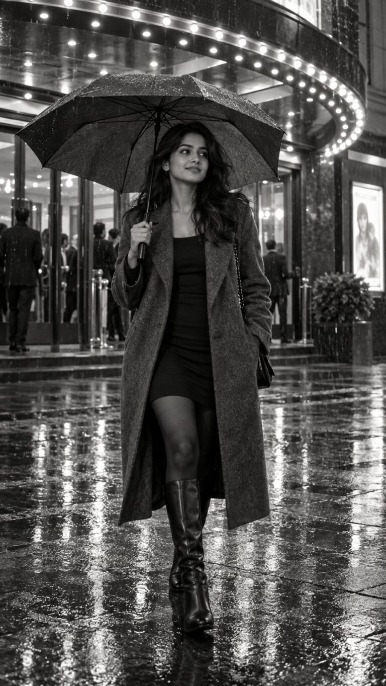 AI-generated fictional portrait demonstrating the Monochrome rain entrance look