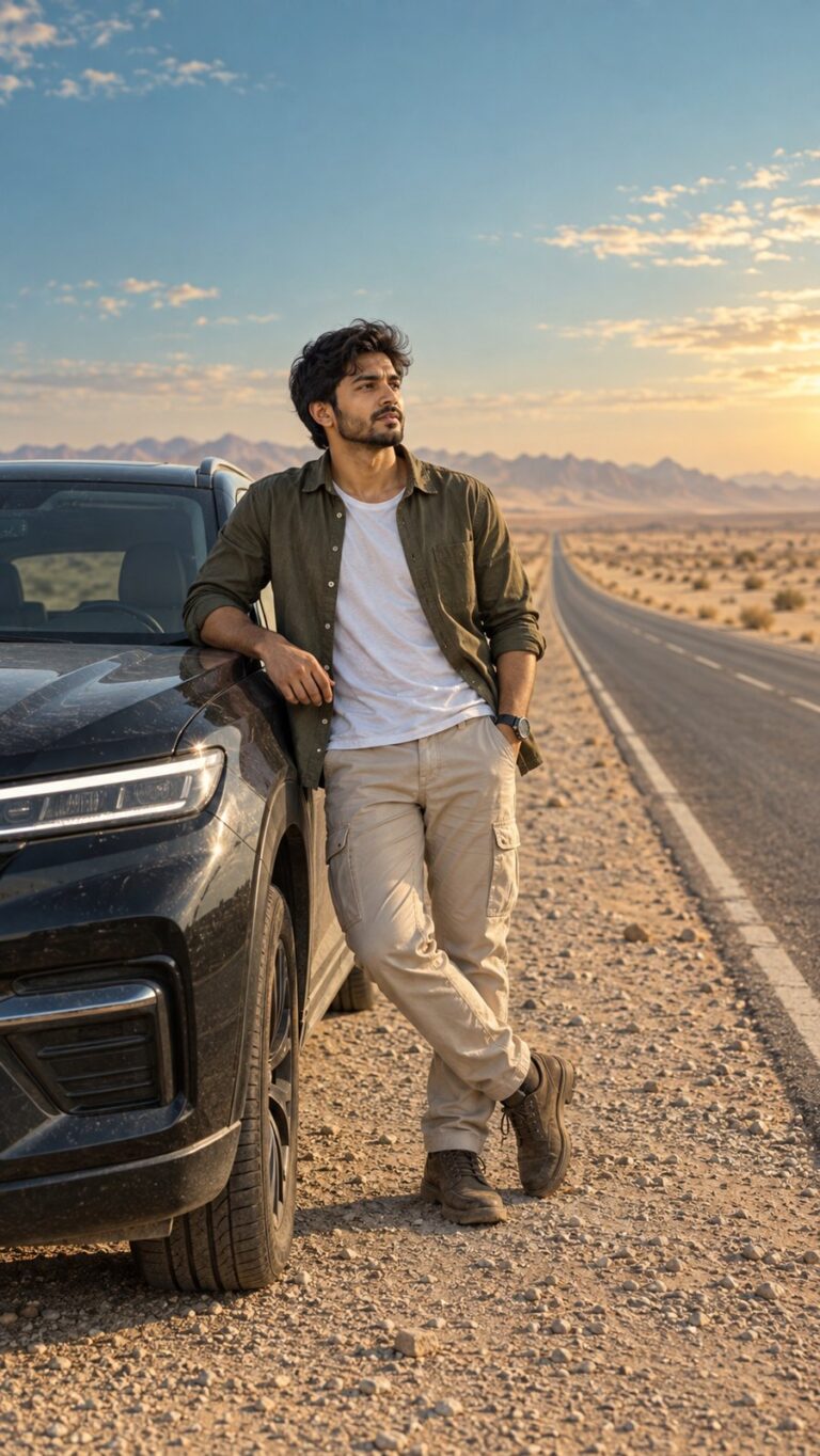 AI-generated fictional portrait demonstrating the Desert road interlude look