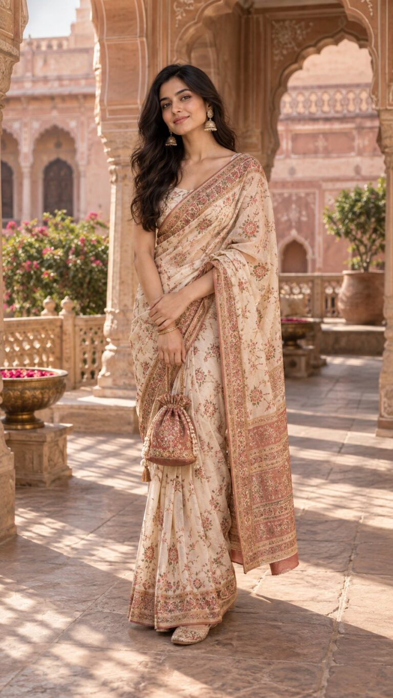 AI-generated fictional portrait demonstrating the Jaipur courtyard editorial look