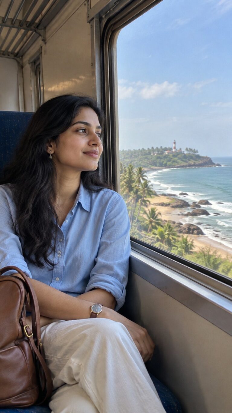 AI-generated fictional portrait demonstrating the Coastal train postcard look