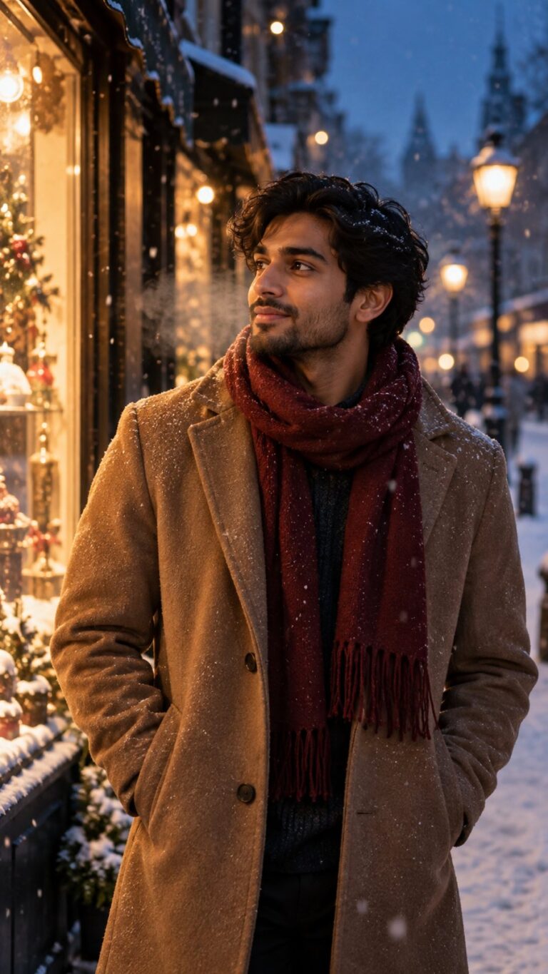 AI-generated fictional portrait demonstrating the Snow-town blue hour look