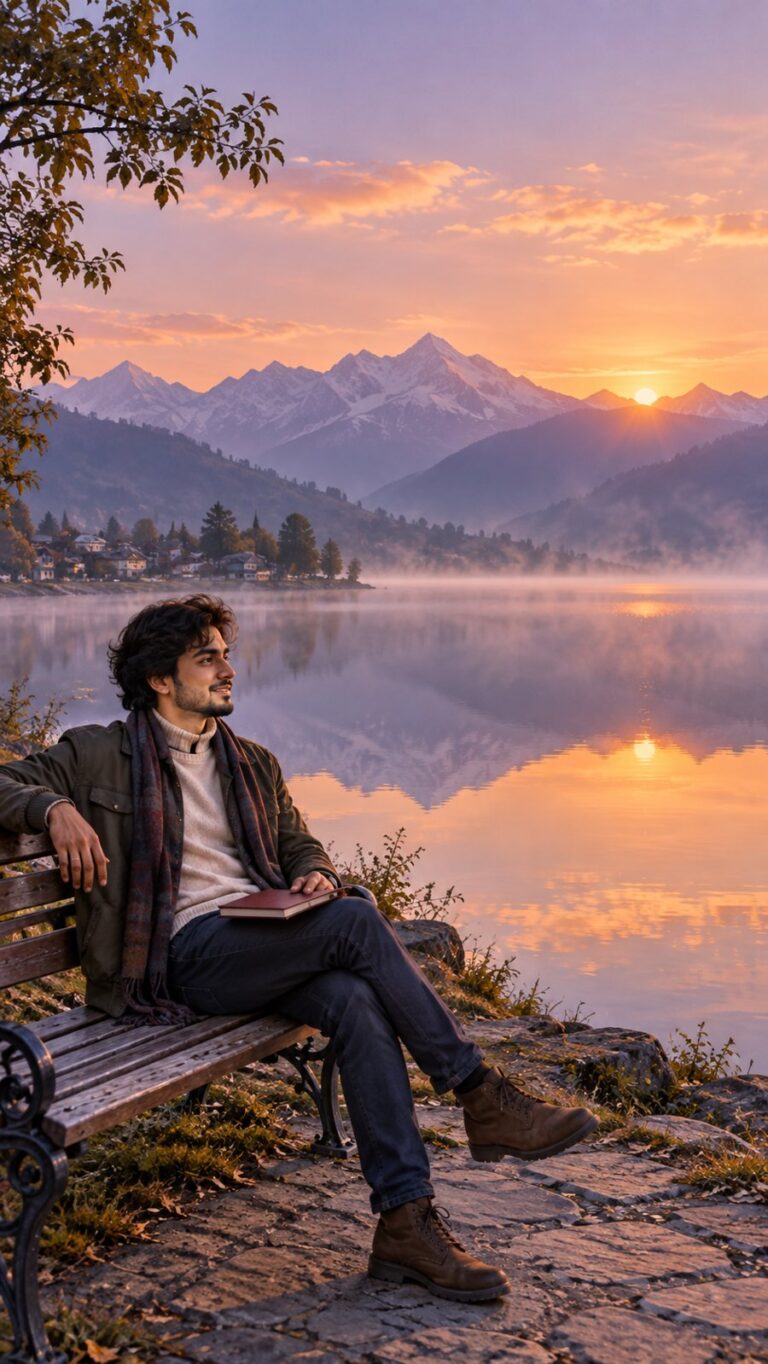 AI-generated fictional portrait demonstrating the Lakeside sunrise journal look