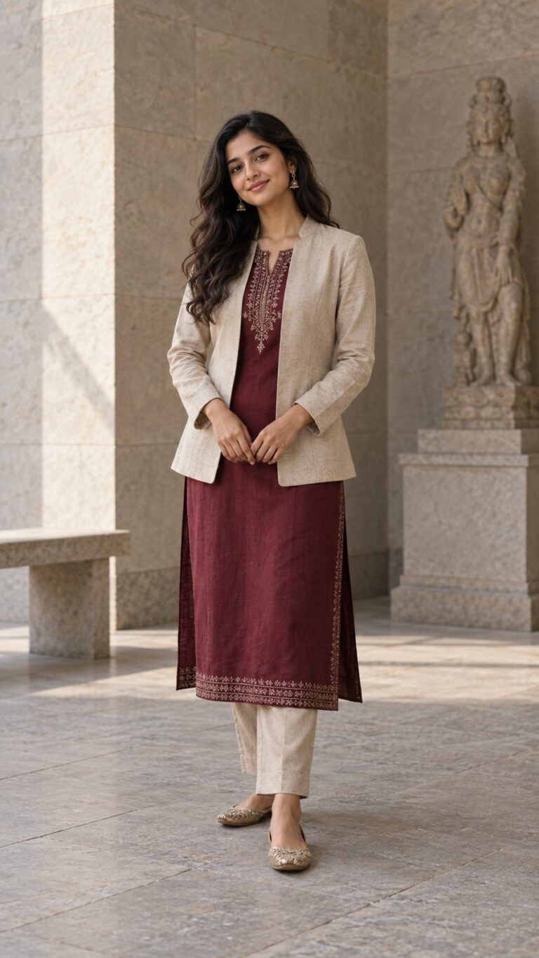 AI-generated fictional portrait demonstrating the Modern kurta, museum lines look
