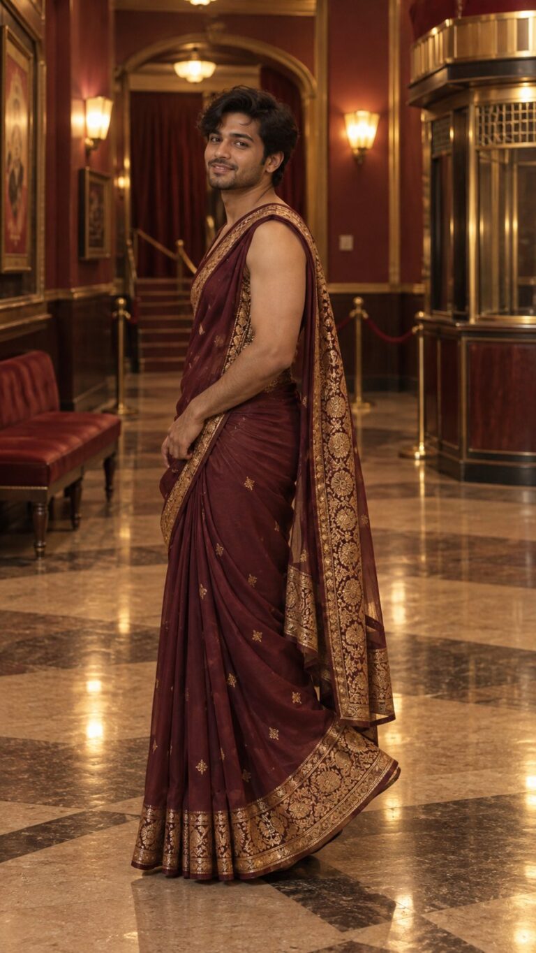 AI-generated fictional portrait demonstrating the Saree in the cinema lobby look