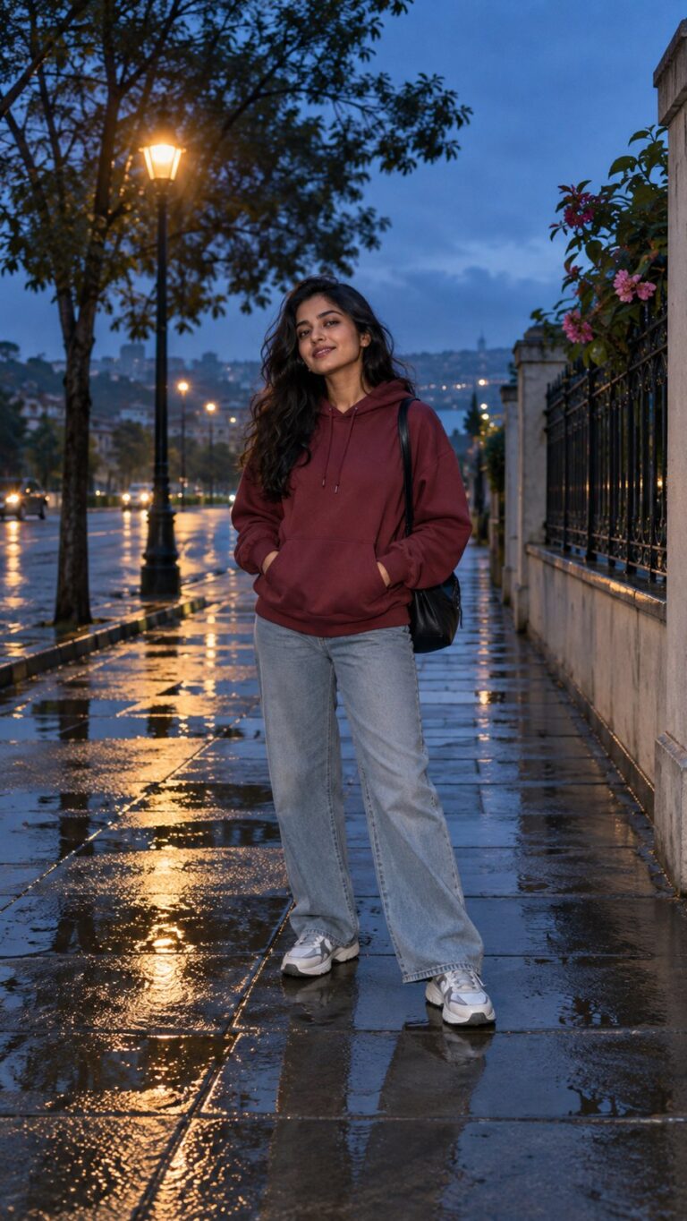 AI-generated fictional portrait demonstrating the Streetwear after the rain look