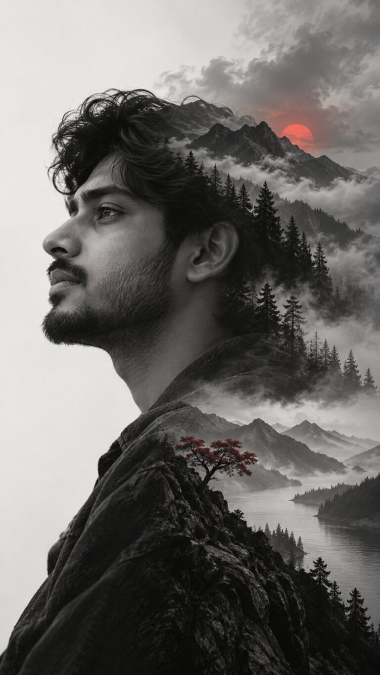 AI-generated fictional portrait demonstrating the Double-exposure daydream look