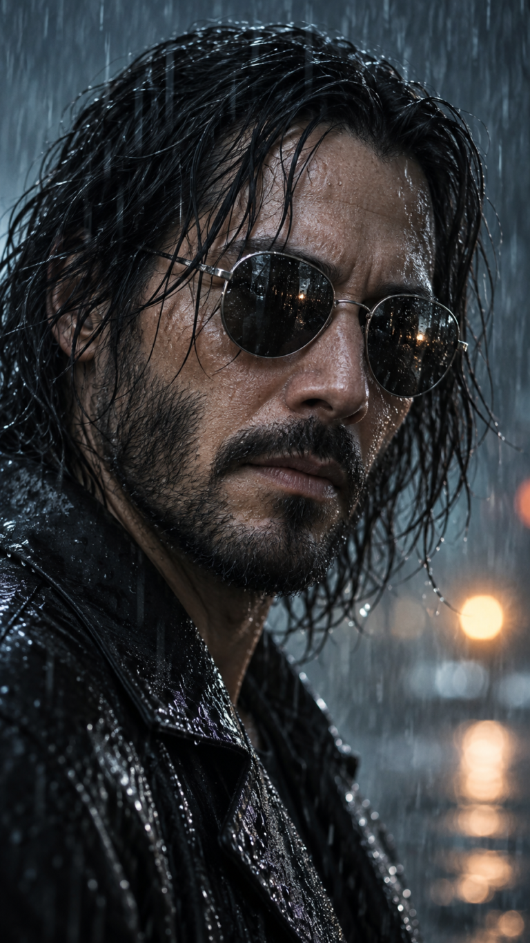 AI-generated fictional portrait demonstrating the Rugged rain and round sunglasses look