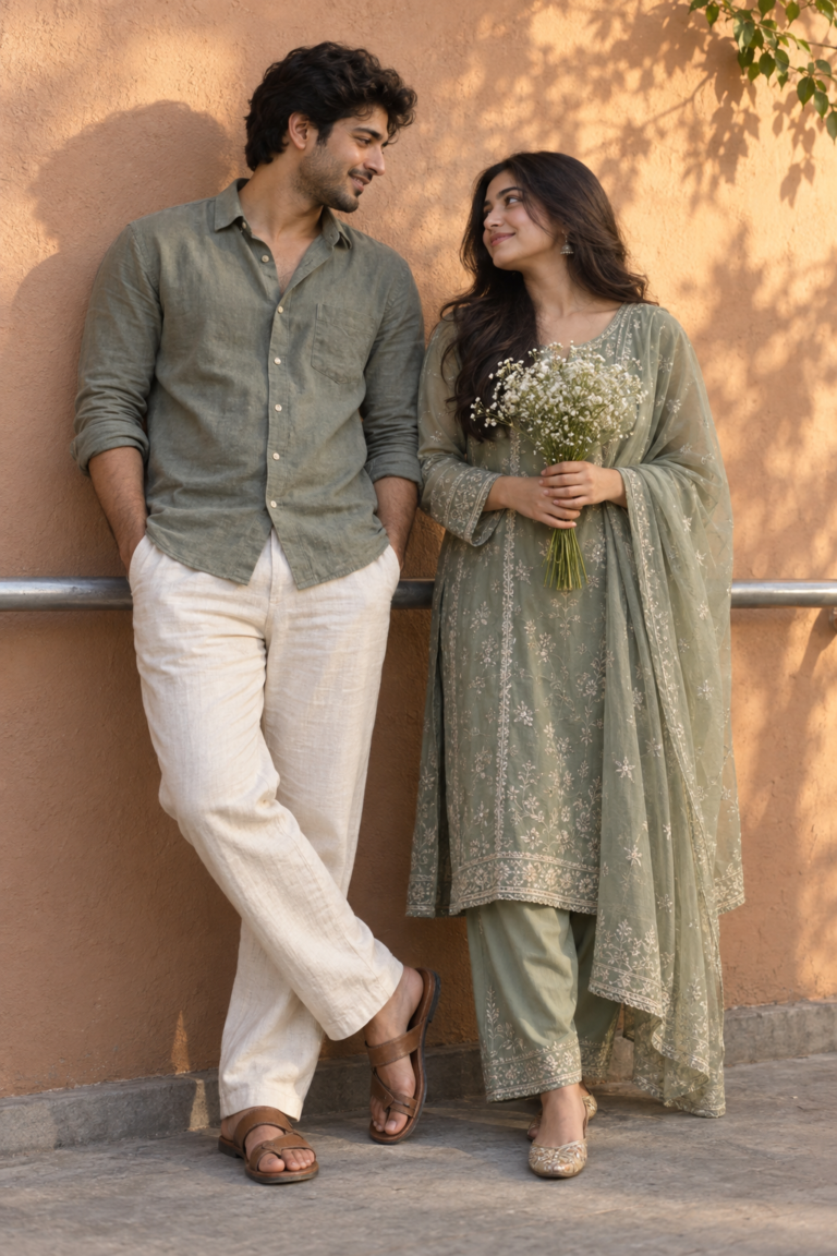 AI-generated fictional portrait demonstrating the Sage couple by the terracotta wall look