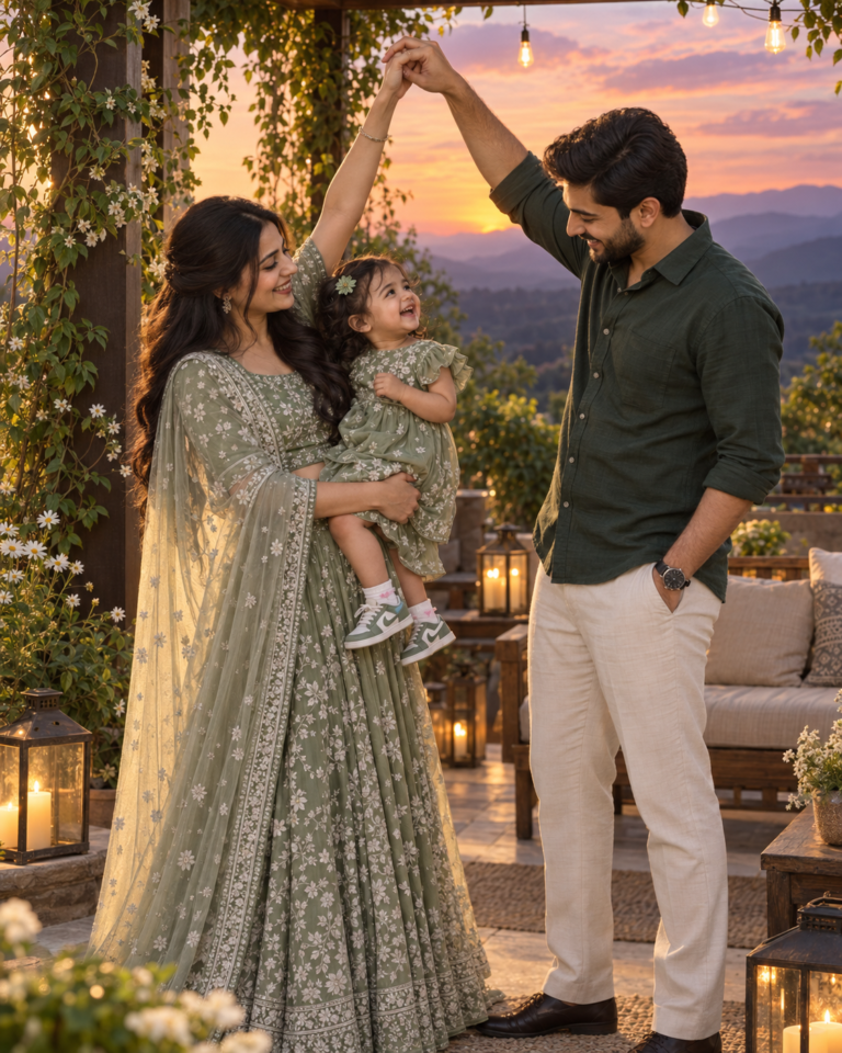 AI-generated fictional portrait demonstrating the Sage family sunset on the veranda look