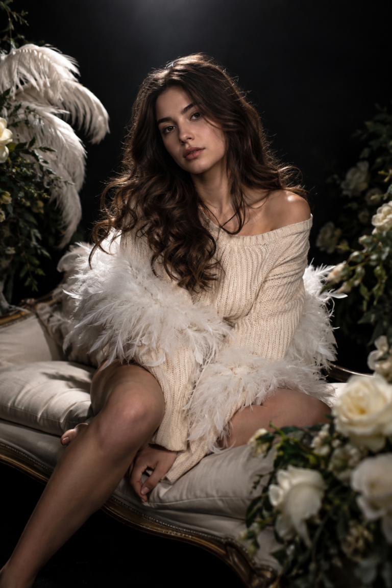 AI-generated fictional portrait demonstrating the Spotlight, feathers and flowers look