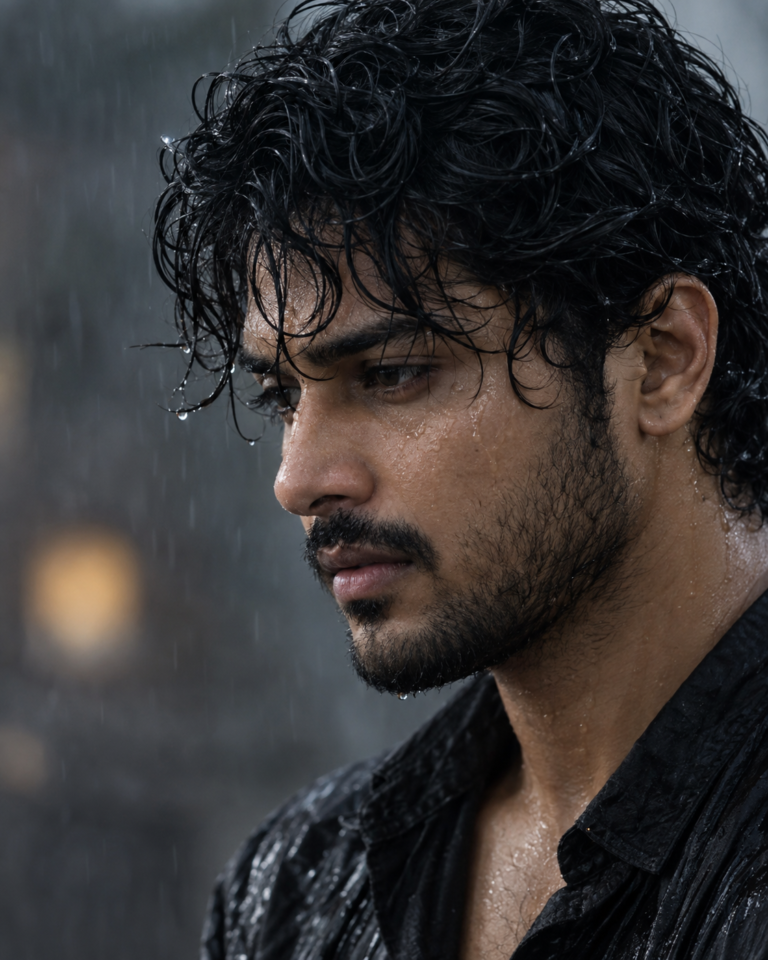 AI-generated fictional portrait demonstrating the Wet curls, quiet intensity look