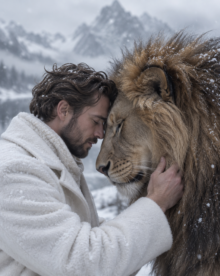 AI-generated fictional portrait demonstrating the Winter lion connection look