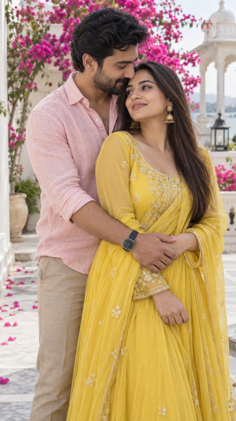 AI-generated fictional portrait demonstrating the Yellow dupatta bougainvillea couple look